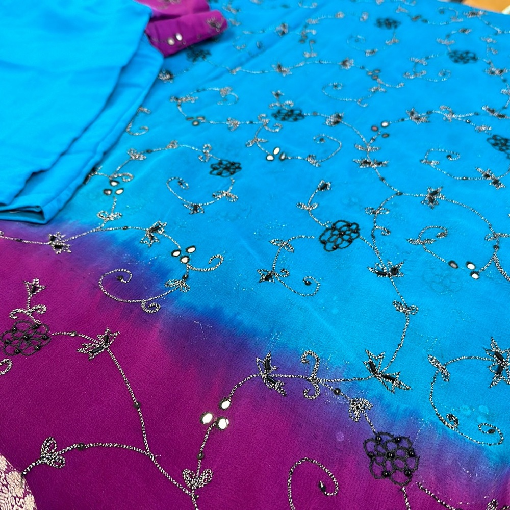 Saree dual color purple and blue embroidered saree gently used .